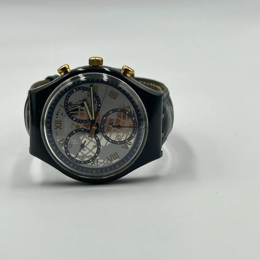 Swatch Timeless Zone Chronograph Watch Men Black 37MM Dial SCN104 New Battery